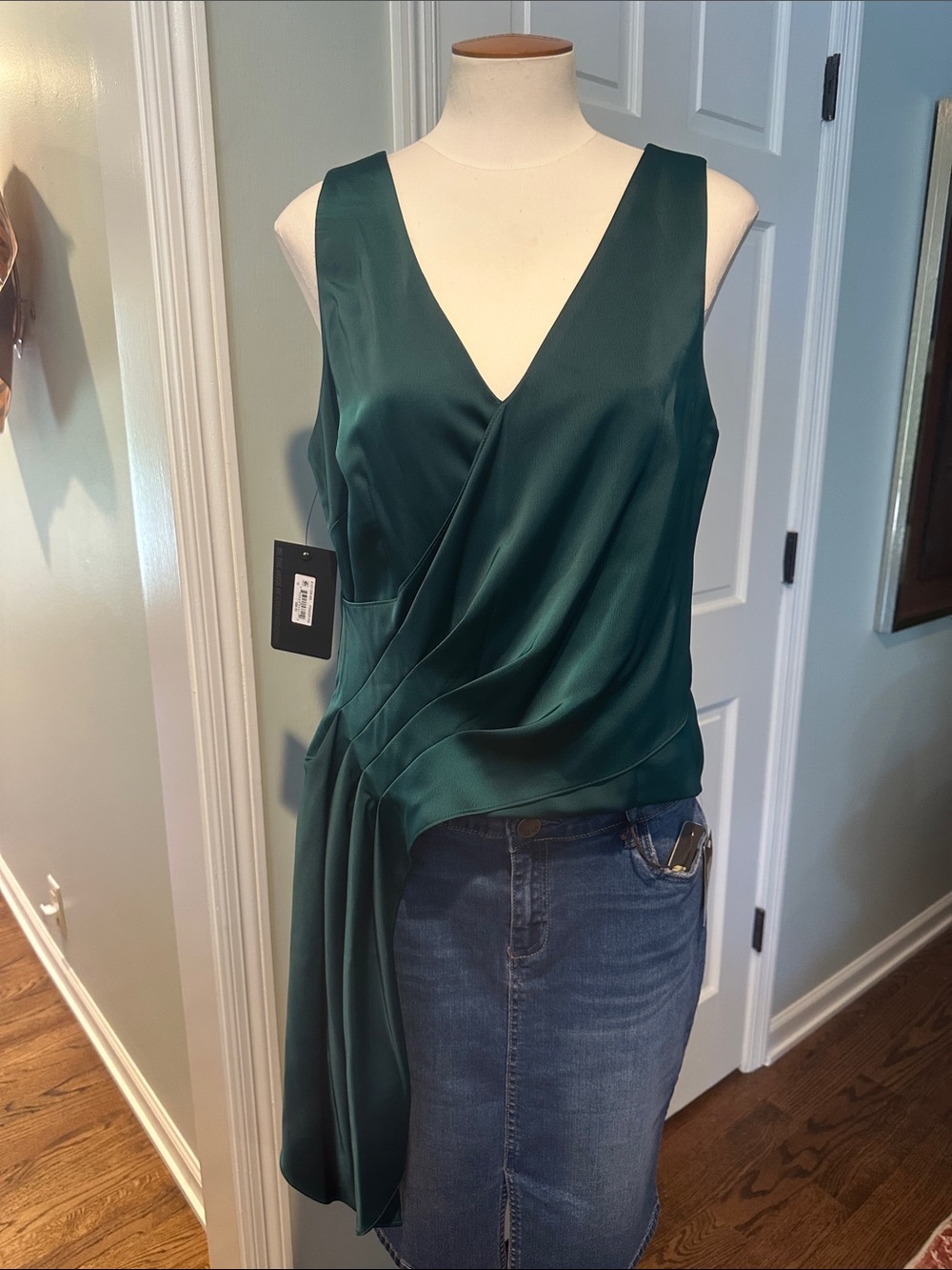 NWT Muse Sz 10 Deep Green Teal Satin Draped V-Neck Top with Sash